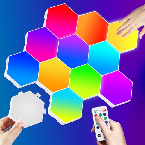 12PCS Hexagon LED Sechseck Gaming Wandleuchte, Wandleuchten RGB mit Fernbedienung und Berühren, Intelligente Gaming Deko Lampe DIY Geometrie Spleißen Leuchte LED Panel für Gamer Zimmer Room Decor von ZONJIE