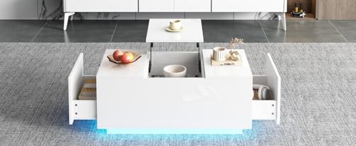 Couchtisch Höhenverstellbar - Couchtisch mit Verstecktem Stauraum und Hebeplatte, Wohnzimmertisch mit Klappfunktion und 2 Schubladen, Multifunktionaler Sofatisch mit LED, Lift-up-Kaffeetisch (Weiß) von ZONJIE