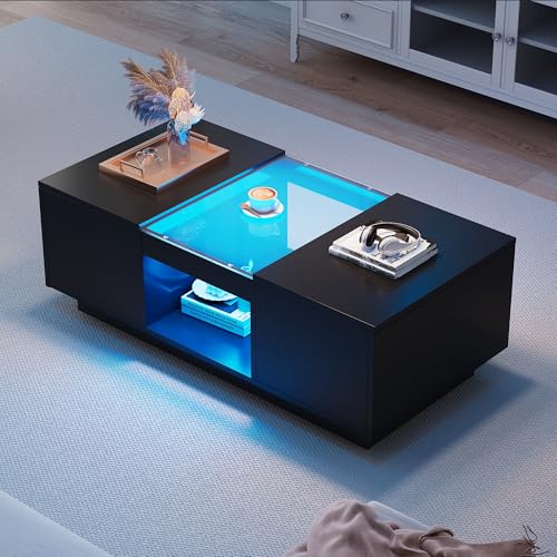 Couchtisch Schwarz, Wohnzimmertisch Hochglanz mit RGB LED Beleuchtung, App-Steuerung, Modern Beistelltisch Kaffeetisch mit 2 Schubladen Offenem Stauraum, Rechteckiger Mitteltisch 100x50x35,5 cm von ZONJIE