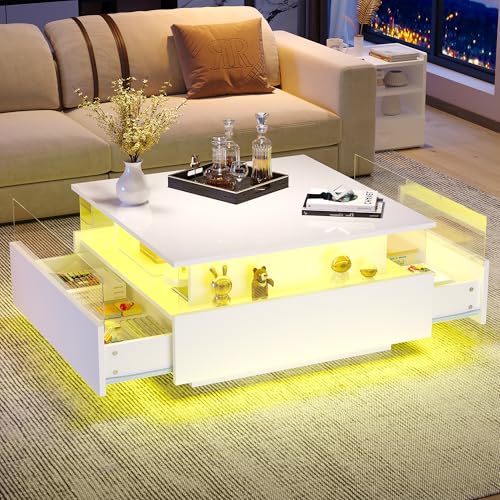 Couchtisch Schwarz - Wohnzimmertisch Hochglanz mit RGB LED Beleuchtung 2 Schubladen und transparentem Präsentationsbereich, Beistelltisch Kaffeetisch, Rechteckiger Mitteltisch, 70x70x41cm (Weiß) von ZONJIE