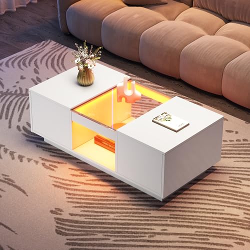 Couchtisch Weiß, Wohnzimmertisch Hochglanz mit RGB LED Beleuchtung, App-Steuerung, Modern Beistelltisch Kaffeetisch mit 2 Schubladen Offenem Stauraum, Rechteckiger Mitteltisch 100x50x35,5 cm (Weiß) von ZONJIE