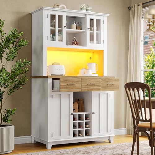 Küchenschrank mit LED-Beleuchtung – 180 cm hoher Küchenschrank mit Arbeitsplatte, 3 Schubladen und 6 Fächern, Küchen-Buffetschrank mit verstellbaren Einlegeböden, 106 x 40 x 180 cm (Weiß + Natur) von ZONJIE