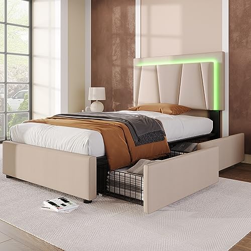 Polsterbett, LED Einzelbett mit USB Typ C Ladefunktion und 2 Schubladen, Doppelbett 140x200cm Stauraumbetten Jugendbett Bettgestell, Vintage-Bett mit Lattenrost viel Stauraum (Beige, 140x200cm) von ZONJIE