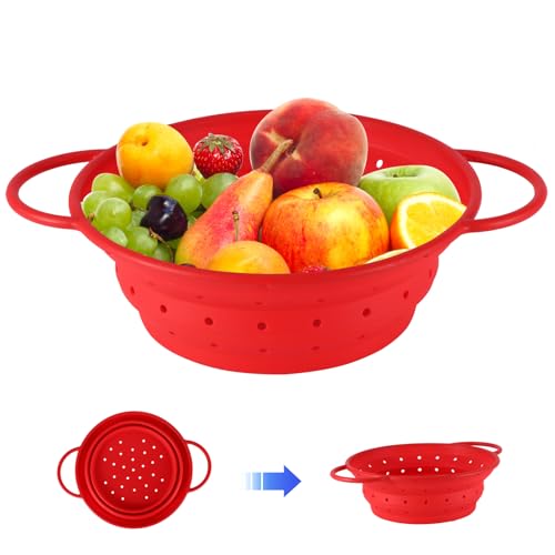 ZONJIE Sieb aus Silikon faltbar 28 cm - Hitzebeständiges Faltbares Nudelsieb Platzsparend, Leicht zu Reinigen Spülmaschinenfest, Silikon-Sieb für Kochen & Abtropfen, Küche und Camping (Rot) von ZONJIE