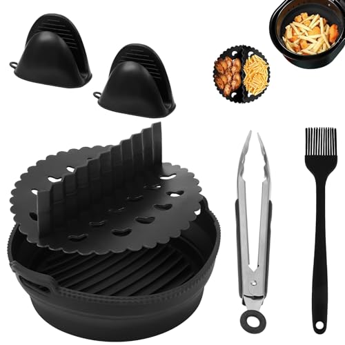 6 Stück Airfryer Silikonform Heißluftfritteuse Zubehör, Wiederverwendbare Airfryer Zubehör mit Spießchen Ölbürste Verbrühungsschutz-Clip für Philips Air Fryer Dual Basket 7,2L von ZONJIE