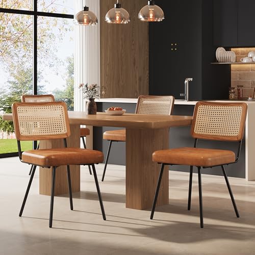 ZONJIE 4er-Set, Esszimmerstühle aus Vintage-Rattan-Küchenstühle mit Rückenlehne, Polsterstuhl mit Massivholzbeinen, Akzentstühle für das Esszimmer von ZONJIE