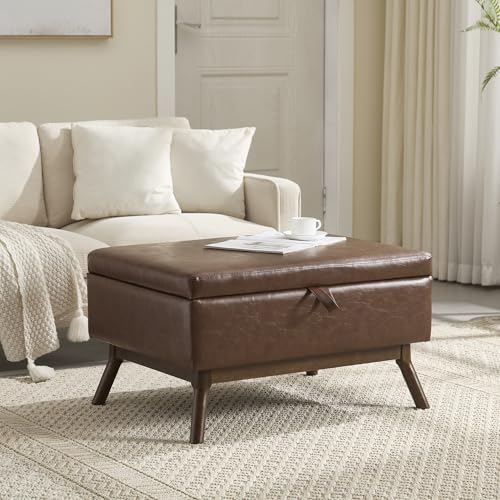 ZONJIE Bank mit Stauraum, Basics Bank für den Eingangsbereich, Polsterhocker, Storage Coffee Table, Leinenstoff gepolsterte Aufbewahrungsbank mit Massivholzbeinen (Braun + PU-Leder) von ZONJIE