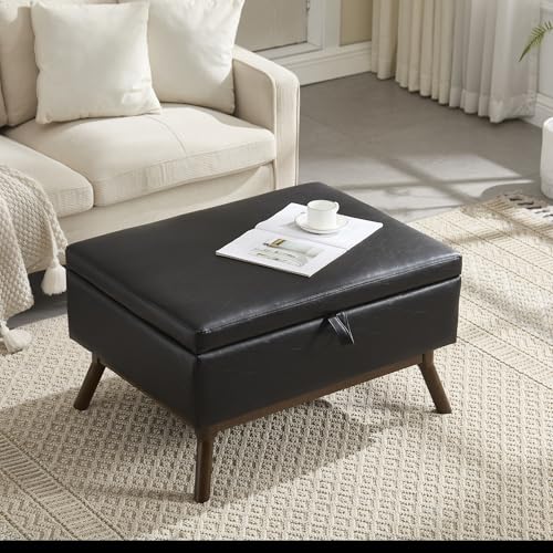 ZONJIE Bank mit Stauraum, Basics Bank für den Eingangsbereich, Polsterhocker, Storage Coffee Table, Leinenstoff gepolsterte Aufbewahrungsbank mit Massivholzbeinen (Schwarz + PU-Leder) von ZONJIE