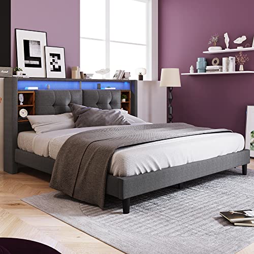 ZONJIE Bett 140x200 mit Lattenrost aus Metall Doppelbett mit LED Beleuchtung, Polsterbett, LED Beleuchtung Bettgestell, Jugendbett Bettrahmen mit Lattenrost und Stauraum unter dem Bett (160 x 200 cm) von ZONJIE
