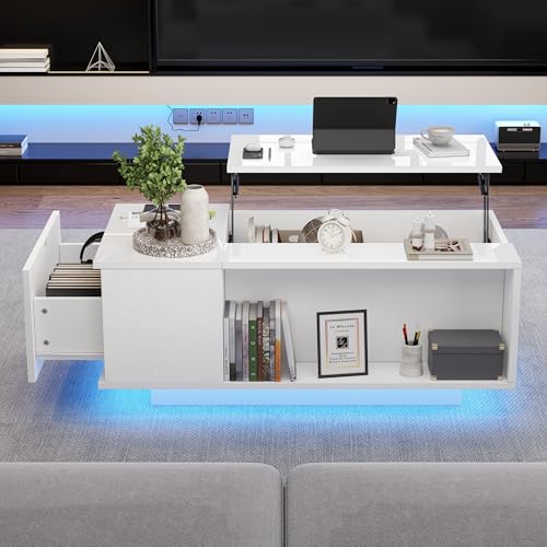 ZONJIE Couchtisch Höhenverstellbar - Couchtisch mit Schubladen, Verstecktem Stauraum und Hebeplatte, Wohnzimmertisch Mit RGB LED-Licht,Sofatisch mit Stauraum und Ausstellungsfläche (Weiß) von ZONJIE