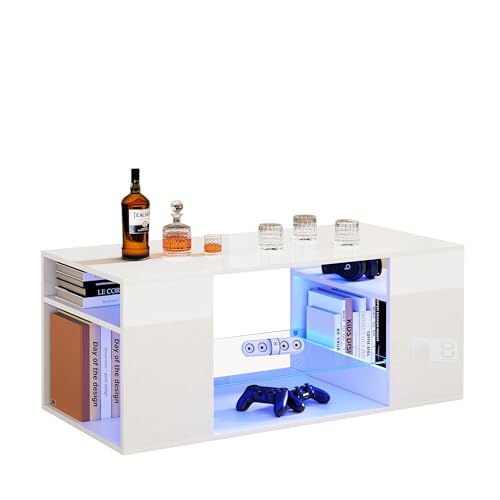 ZONJIE Couchtisch Weiß - LED Couchtische, Mehrere Lagerplätze, wohnzimmertisch Mit 16 RGB LED-Licht, Hochglanz Sofatisch mit Stauraum und Ausstellungsfläche, 96x45x45 cm von ZONJIE