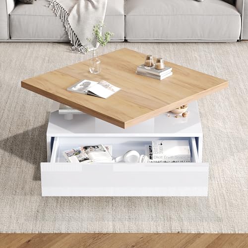 ZONJIE Couchtisch Weißer, Multifunktionale Quadratische 360° Schwenkbare Kaffeeschublade, Wohnzimmertisch Hochglanz 2-stufiger mit chwenkbarer Tisch und Aufbewahrungsschrank, 70x70x36cm von ZONJIE