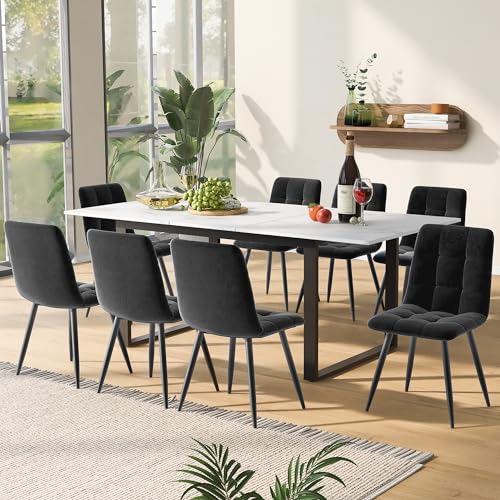 ZONJIE Esstisch-Set mit 8 Stühlen 140-180x80cm - Moderner Küchentisch Set,Esszimmerstuhl aus grauem Samt 44×41×86cm, Küchen-Esstisch für Zuhause & Familie, Sitzgruppe für Küche Esszimmer Wohnzimmer von ZONJIE
