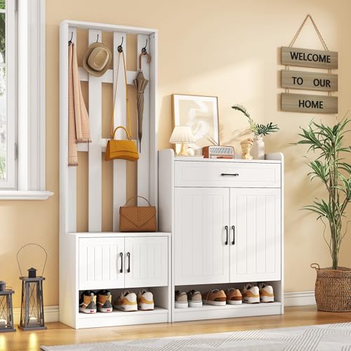 ZONJIE Flurgarderobe, Garderobe Flur Set, Stylishe Kompaktgarderobe Garderobe Flurgarderoben Set mit Sitzbank, Garderobenpaneel, Schuhschrank für Ihren Eingangsbereich-140x180x32 cm von ZONJIE