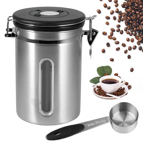 ZONJIE Kaffeekanister luftdicht, 2,8 L Kaffeebohnenbehälter aus Edelstahl, 1 kg Bohnen Vakuum-Kaffeedose, luftdichte Edelstahl-Kaffeedose mit CO2-Ventil, Messlöffel & Datumsanzeige (Silber-1,8l) von ZONJIE