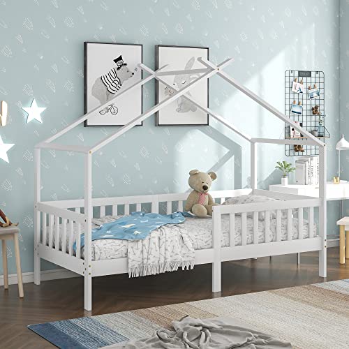 ZONJIE Kinderbett 90 x 200 cm, Bodenbett mit Rausfallschutz und Lattenrost, Moderne Hausbetten aus Massivholz für Kinder, Montessori-Kinderbetten für Jungen und Mädchen (1, Ohne Schublade) von ZONJIE