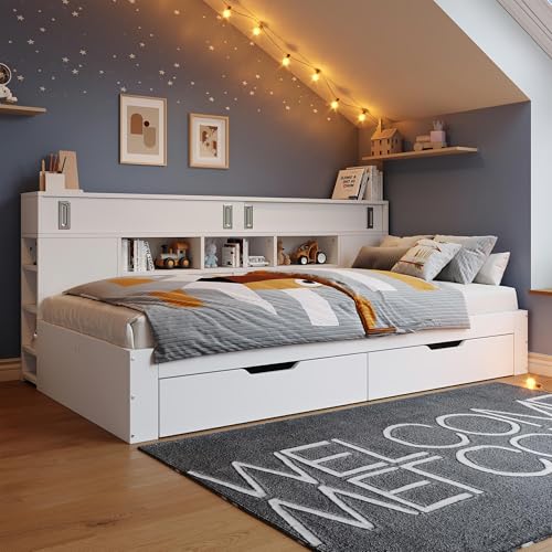 ZONJIE Kinderbett 90x200 cm Multifunktionales Holzbett, Funktionsbett mit Schubladen Bücherregal Stauschrank, Holzbett Jugendbett Funktionsbett, Bettgestell mit Lattenrost, Bodenbett (140 * 200 cm) von ZONJIE