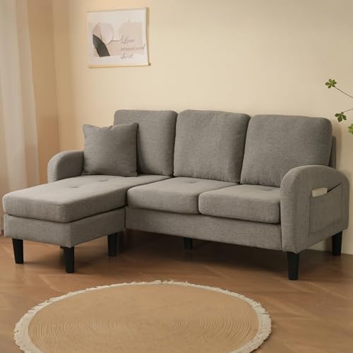 ZONJIE Kleines Ecksofa, L-förmiges 3-Sitzer-Schlafsofa mit Schlaffunktion, Kissen und Seitentaschen, 166 x 118 x 77 cm, Sofas & Couches fürs Wohnzimmer (Dunkelgrau) von ZONJIE