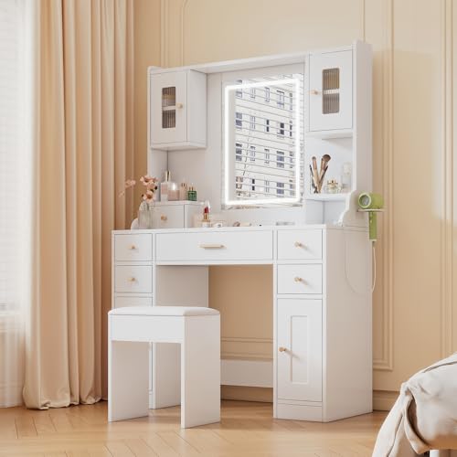 ZONJIE Schminktisch mit LED-Beleuchtung, Hocker, Frisiertisch mit Spiegel, Schubladen, Offenen Fächern, Dressing Table, Schminktisch mit Spiegel, Vanity Table 36T x 109B x 164H cm (Modern) von ZONJIE