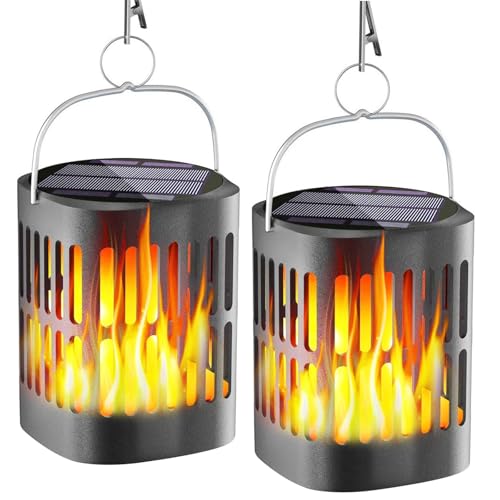 ZONJIE Solarleuchten Garten im Freien, 2er-Pack Solarlaterne für den Außenbereich, wasserdichte Metallhängelaterne für den Außenbereich Gartensolarleuchten mit realistischer flackernder Flammen-LED von ZONJIE