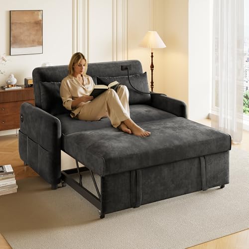 ZONJIE Zweisitzer-Schlafsofa, kleines Klappsofa mit Schlaffunktion, Verstellbarer Rückenlehne, Handyhalterung und USB-Ladeanschluss, geeignet für Wohnzimmer und Heimkino (Chenille, Dunkelgrau) von ZONJIE