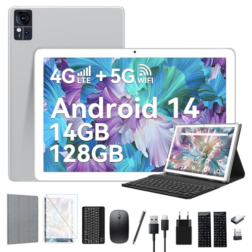 ZONKO Tablet Android 14 Tablets 10 Zoll, 4G LTE Tablette mit SIM Slots, 5G WiFi Tablet PC mit Tastatur Maus Stift | 14GB+128GB(1TB TF) |13MP+8MP| 8000 mAh|8-Core| Bluetooth 5.0| 1080FHD|GPS|GMS-Silver von ZONKO
