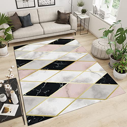 Teppiche Wohnzimmer LuxuriöSer Rautenpulver-Schwarz-Weiß-Marmor, Rutschfest Großer Teppich Modernes Goldenes Geometrisches UnregelmäßIges Muster - für Wohnzimmer Schlafzimmer Flur - 120 x 170 cm von ZONOKI