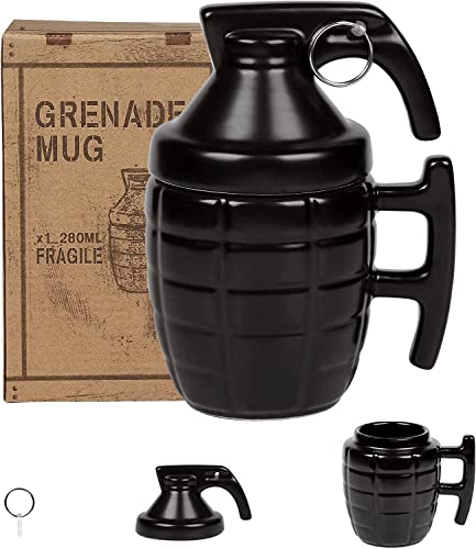 Keramik Handgranate Becher, Personalisierte Kaffeebecher, Lustig Cappuccino Tass, Teetasse mit Deckel, 3D Spaß Granate Bierkrüge, Kaffeetassen Geschenk für Militärfans, 280ML (Stil C1) von ZONSUSE