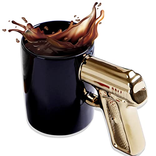 ZONSNSE Tasse mit Pistolengriff, Pistole Waffe Trinkbecher, Cappuccino Tassen, Kaffeebecher Porzellan, Lustige Geschenke für Männer, Vatertagsgeschenk Tasse, 400ML (Schwarz & Gold) von ZONSUSE