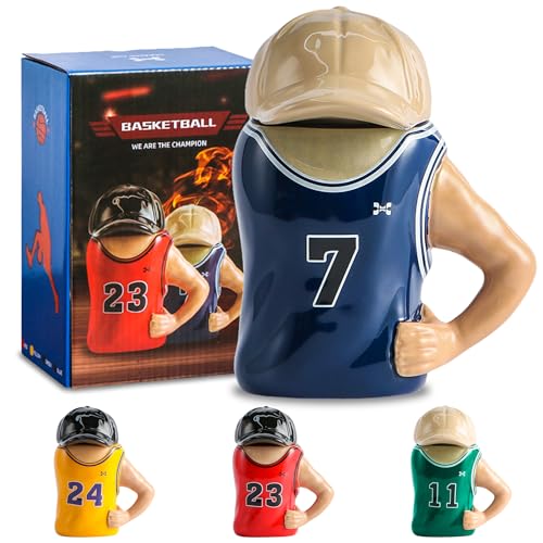 ZONSUSE Basketball Trikot Tasse, Neuartige Kaffeetasse mit Deckel, 3D Teetasse aus Keramik, Ideale Dekoration für Basketball Fans, Lustige Geschenke für Männer Frauen (Blau) von ZONSUSE