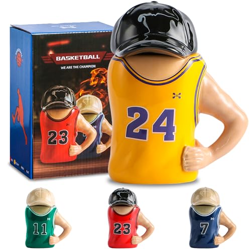 ZONSUSE Basketball Trikot Tasse, Neuartige Kaffeetasse mit Deckel, 3D Teetasse aus Keramik, Ideale Dekoration für Basketball Fans, Lustige Geschenke für Männer Frauen (Gelb) von ZONSUSE