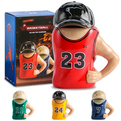 ZONSUSE Basketball Trikot Tasse, Neuartige Kaffeetasse mit Deckel, 3D Teetasse aus Keramik, Ideale Dekoration für Basketball Fans, Lustige Geschenke für Männer Frauen (Rot) von ZONSUSE