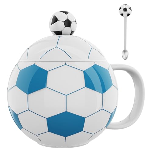 ZONSUSE Lustige Fußball Kaffeetasse,Fussball Keramik Becher,Fußballform Cappuccino Tassen, mit Deckel und Löffel, Fußball Geschenke für Männer Frauen Jungs Mädchen Geburtstag 400ml (Blau) von ZONSUSE