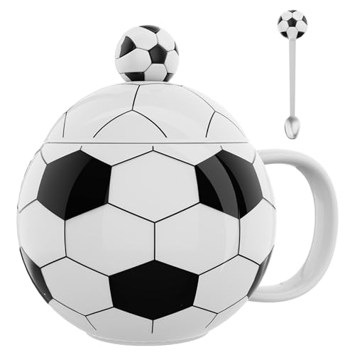 ZONSUSE Lustige Fußball Kaffeetasse,Fussball Keramik Becher,Fußballform Cappuccino Tassen, mit Deckel und Löffel, Fußball Geschenke für Männer Fußballfan Jungs Mädchen Geburtstag 400ml (Schwarz) von ZONSUSE