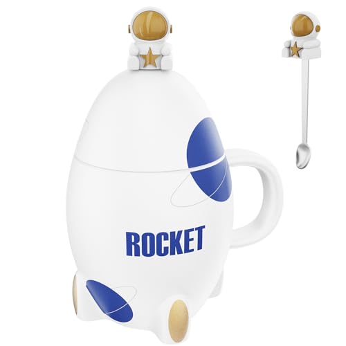 ZONSUSE Lustiger Raketen Tasse,Süße Astronauten Becher,Kreativer Raumschiff Tassen,Kaffeebecher mit Deckel Löffel,Weltraum Geschenke für Männer Frauen Kinder Interstellare Fans 450 ml (B) von ZONSUSE