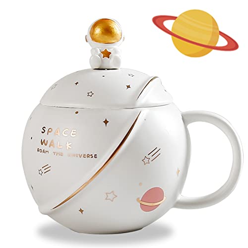 ZONSUSE Süße Astronauten Tasse, Kawaii Coffee Mug, Kaffeebecher Porzellan, Keramik Tasse mit Deckel und Löffel, für Tee, Saft und Milch, Lustige Geburtstags und Muttertagsgeschenke, 400ML (Weiß) von ZONSUSE