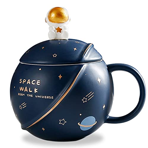 ZONSUSE Süße Astronauten Tasse, Kawaii Coffee Mug, Kaffeebecher Porzellan, Keramik Tasse mit Deckel und Löffel, für Tee, Saft und Milch, Lustige Geburtstags und Muttertagsgeschenke, 400ML (Dunkelblau) von ZONSUSE