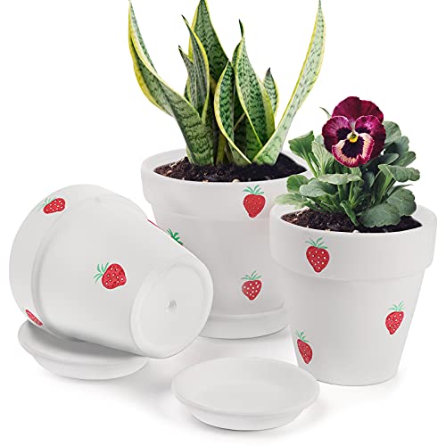 ZOOFOX 3er Set Blumentöpfe mit Drainageloch und Tablett, kleine Terrakotta-Pflanztöpfe, handbemalte Keramiktöpfe für Haus, Garten, Küchendekoration, 13cm/14cm/15cm von ZOOFOX