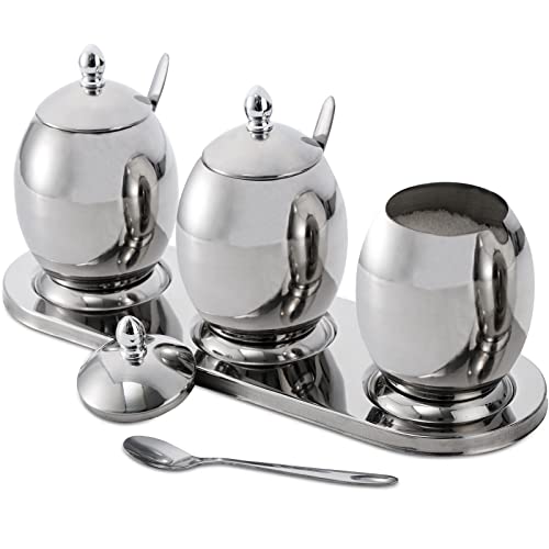 ZOOFOX Set mit 3 Gewürztöpfen, Edelstahl-Würzgläsern mit Servierlöffel und Tablett, 325 ml, Gewürzdose zum Servieren von Tee, Kaffee, Gewürzen von ZOOFOX