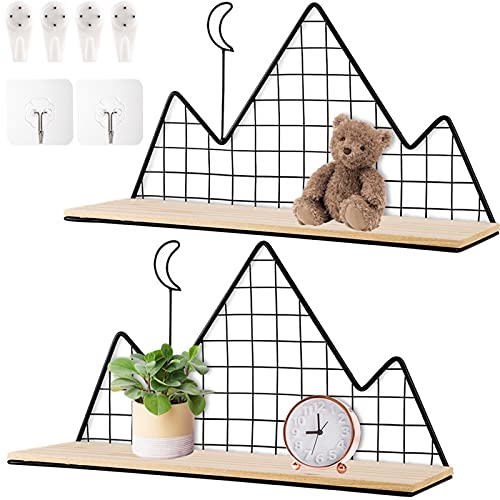 ZOOFOX Wandregale, Wandmontage, rustikales Metalldraht, Holzregal, Berg-Design, Aufbewahrungsregale für Schlafzimmer, Badezimmer, Wohnzimmer, Waschküche, Küche, Büro (Naturholz) von ZOOFOX