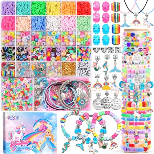 ZOOI Einschulung Mädchen, DIY Perlen für Armbänder, Bastelset Kinder ab 6 Jahre Perlen zum Auffädeln Basteln Mädchen Armbänder Selber Machen, Einhorn Geschenke für Mädchen Geschenk Mädchen 5-13 Jahre von ZOOI