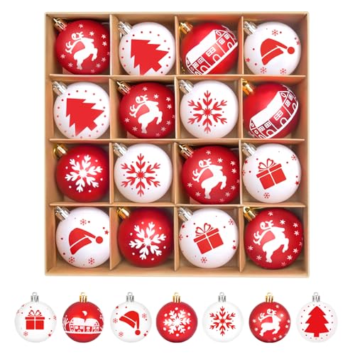 ZOOI Weihnachtskugeln Kunststoff Set Rot Weiß, 16 Stücke 6CM Christbaumkugeln Deko Weihnachten, Weihnachtsbaumschmuck mit Aufhänger Bruchsicher, Weihnachtsdeko Innen Aussen von ZOOI