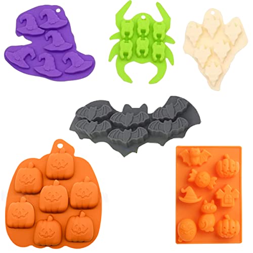 ZOOMPIL 6 Stück Halloween Silikon Backform Silikon Halloween Schokolade Formen Kürbis Fledermaus Ghost Hexenhut Spinne Silikonform Perfektfür Muffins, Cupcakes, Kuchen, Pudding, Eiswürfel, Gelee(C) von ZOOMPIL