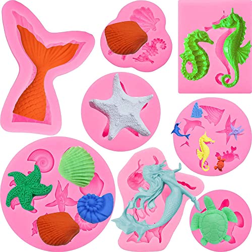 ZOOMPIL Fondant Form Meerjungfrau, 8 Stück Silikon Fondant Kuchen Formen, Meerestiere Fondant Formen 3D, Meerjungfrau Schwanz Seestern Seepferdchen Muschel Animal Schokoladenformen von ZOOMPIL