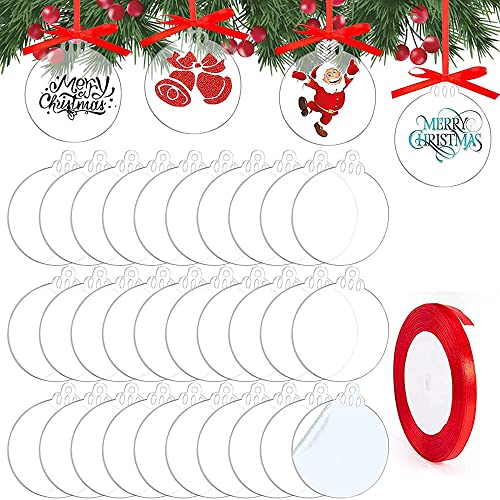 ZOOMPIL Transparente Weihnachts-Acryl-Ornamente, 30 Stück Weihnachts-Acryl-Ornamente Transparent Acryl Scheibe mit rotem Band für Weihnachtsbaum-Party, hängende Dekoration von ZOOMPIL