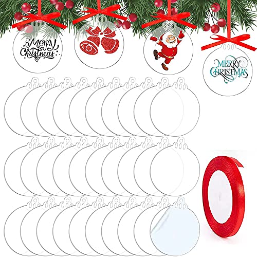 ZOOMPIL Transparente Weihnachts Acryl Ornamente, 30 Stück Weihnachts Acryl Ornamente Transparent Scheibe mit rotem Band für Weihnachtsbaum Party, hängende Dekoration von ZOOMPIL