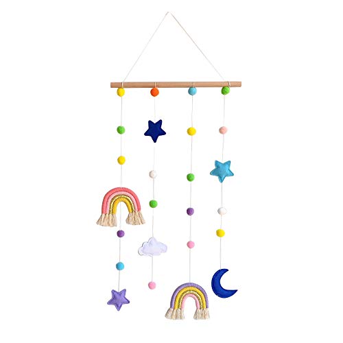 ZOONAI Hängende Foto-Display mit Pom Pom Stern Mond Wolke Regenbogen Wandbehang Bilder Dekor für Home Office Xmas Schlafzimmer Baby Kinderzimmer Dekoration 28 Holzklammern (Rosa Helllila Regenbogen) von ZOONAI