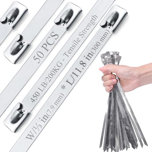 Edelstahl Kabelbinder 50 Stück, 300mm x 7,9mm (V2A), Extra Stark mit 200kg Zugfestigkeit, Metall-Kabelbinder für Auspuff, Industrie & schwere Lasten von ZOOSUNX