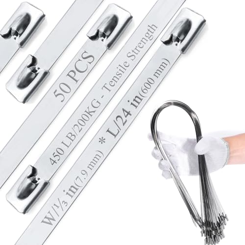 Edelstahl Kabelbinder 50 Stück, 600mm x 7,9mm (V2A), Extra Stark mit 200kg Zugfestigkeit, Metall-Kabelbinder für Auspuff, Industrie & schwere Lasten von ZOOSUNX