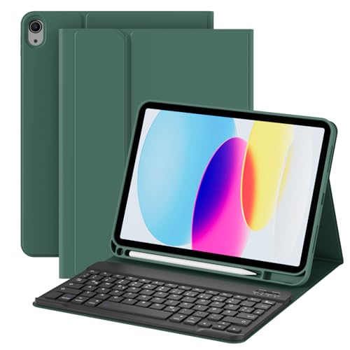 ZOPSGYU Hülle mit Tastatur für iPad 11 Generation A16/10 Generation (11/10.9 Zoll 2025/2022), QWERTZ Layout Abnehmbare Kabellose Bluetooth Tastatur Hülle für iPad 10. Generation, Dunkelgrün von ZOPSGYU
